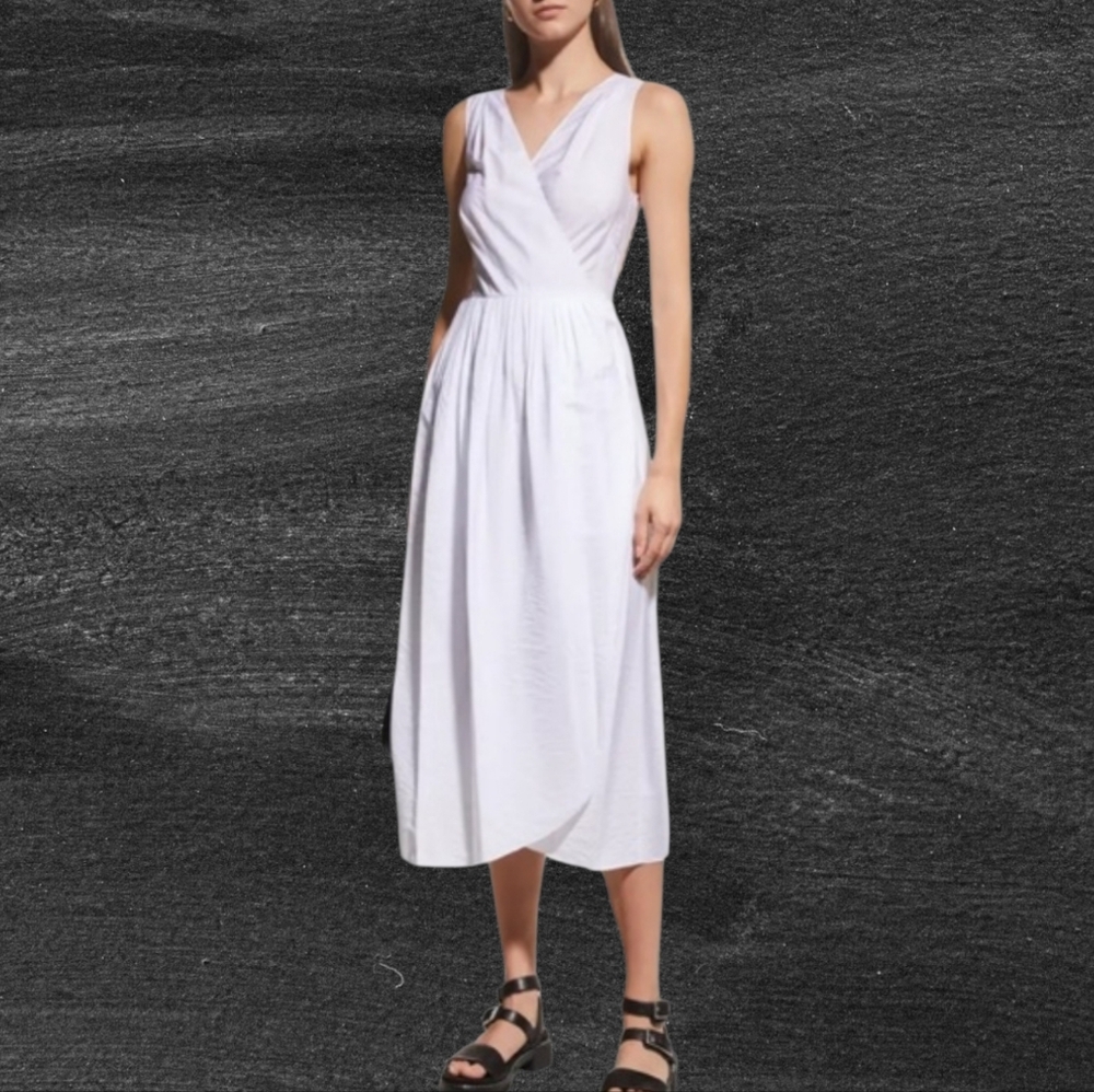 NWT VINCE Sleeveless V-Neck Wrap Side Tie Pleated Midi Dress Optic White XL - Picture 2 of 12